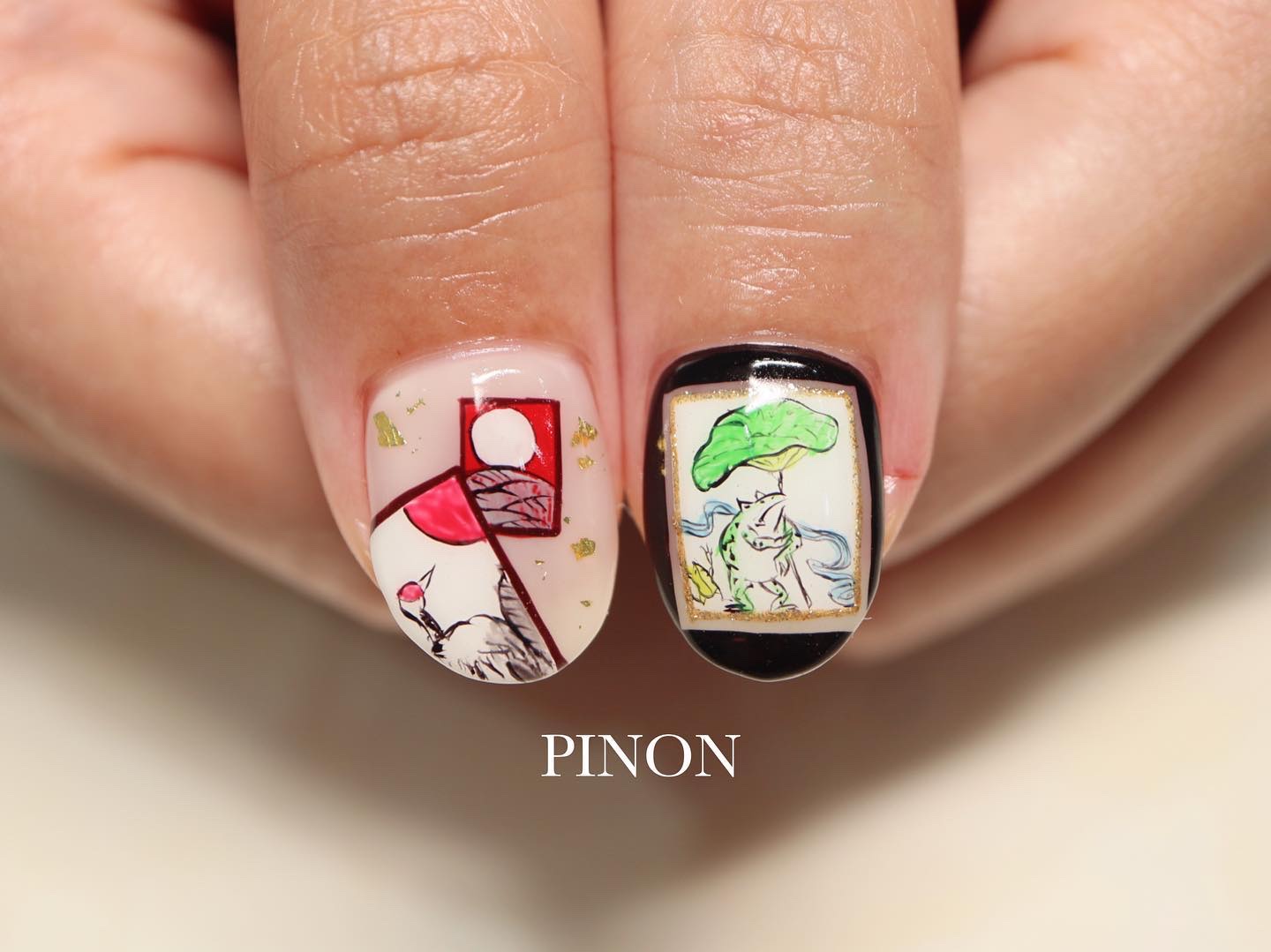 #和ネイル,#和風ネイル,#鳥獣戯画ネイル,#アートネイルのネイルデザイン