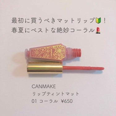 【最初に買うマットリップはこれ！🔰】
CANMAKE リップティントマット
01 コーラル  ¥650


私マットリップ大好き人間なのですが、
マットリップを初めて使うまでは

ボソボソしそうやし、乾