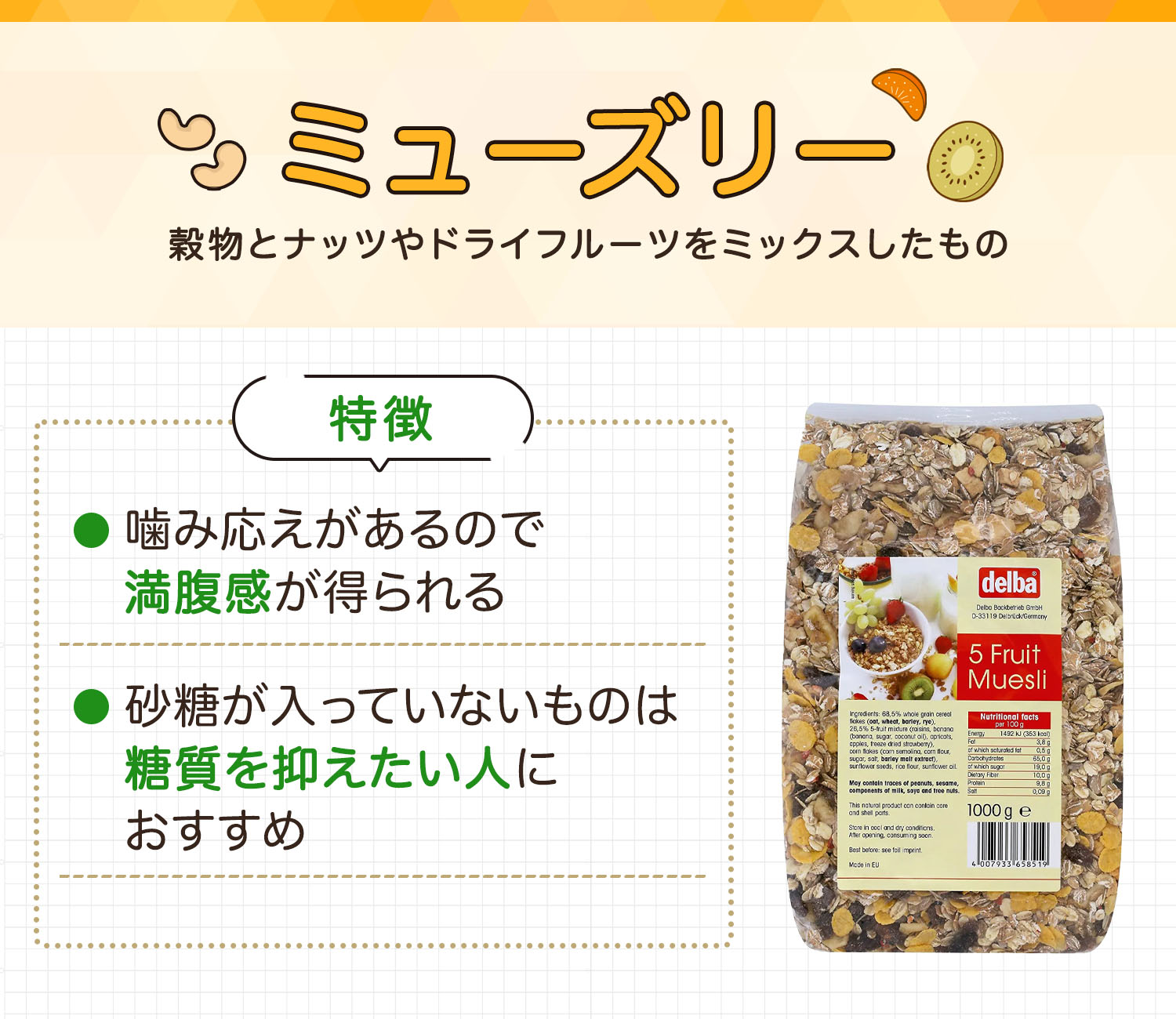 ミューズリーは穀物とナッツやドライフルーツをミックスしたもの。噛み応えがあるので満腹感が得られる。砂糖が入っていないものは糖質を抑えたい人におすすめ。