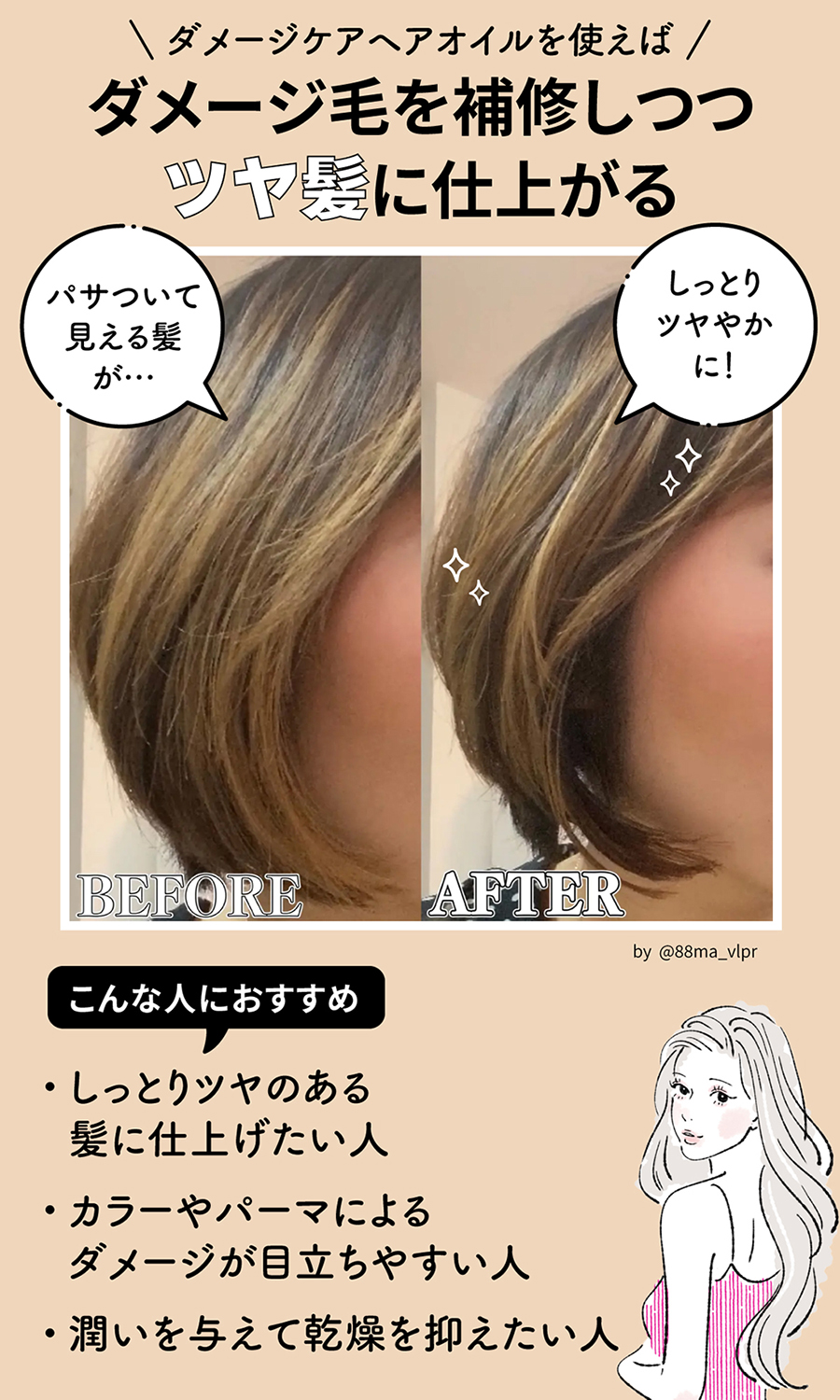 ダメージケアヘアオイルを使えばダメージ毛を補修しつつツヤ髪に仕上がる。パサついて見える髪がしっとりツヤやかに！しっとりツヤのある髪に仕上げたい人・カラーやパーマによるダメージが目立ちやすい人・潤いを与えて乾燥を抑えたい人におすすめ。
