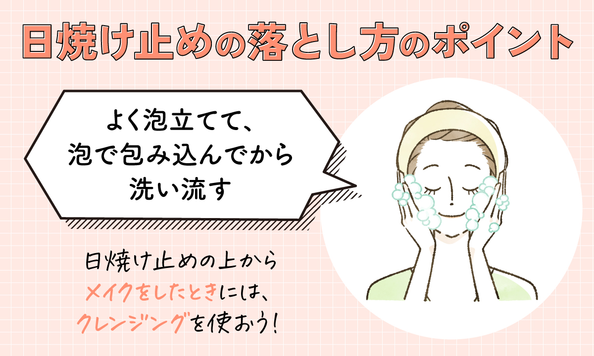 日焼け止めの落とし方のポイント。よく泡立てて、泡で包み込んでから洗い流す。日焼け止めの上からメイクをしたときには、クレンジングを使おう！