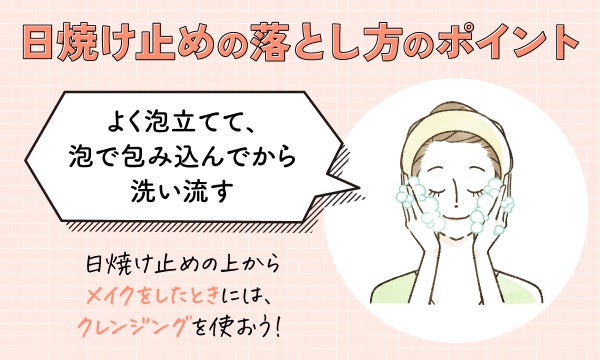 日焼け止めの落とし方のポイント。よく泡立てて、泡で包み込んでから洗い流す。日焼け止めの上からメイクをしたときには、クレンジングを使おう!