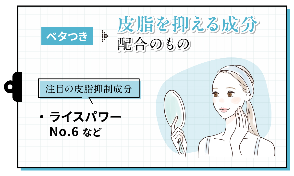 ベタつきには皮脂を抑える成分配合のものがおすすめ。注目の皮脂抑制成分はライスパワーNo.6など。