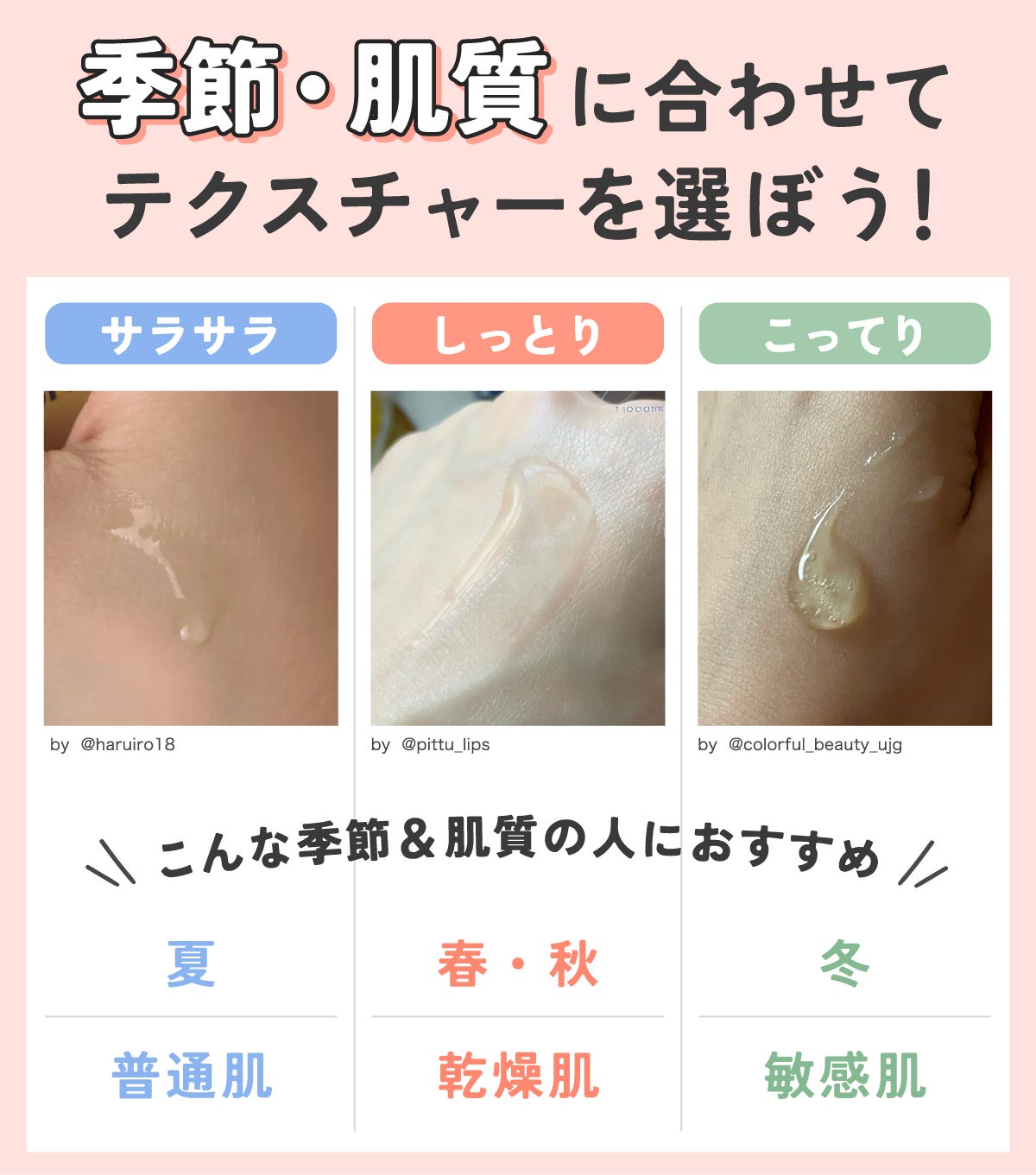 季節・肌質に合わせてテクスチャーを選ぼう!サラサラは夏・普通肌におすすめ。しっとりは春・秋・乾燥肌にピッタリ。こってりは冬・敏感肌向きです。