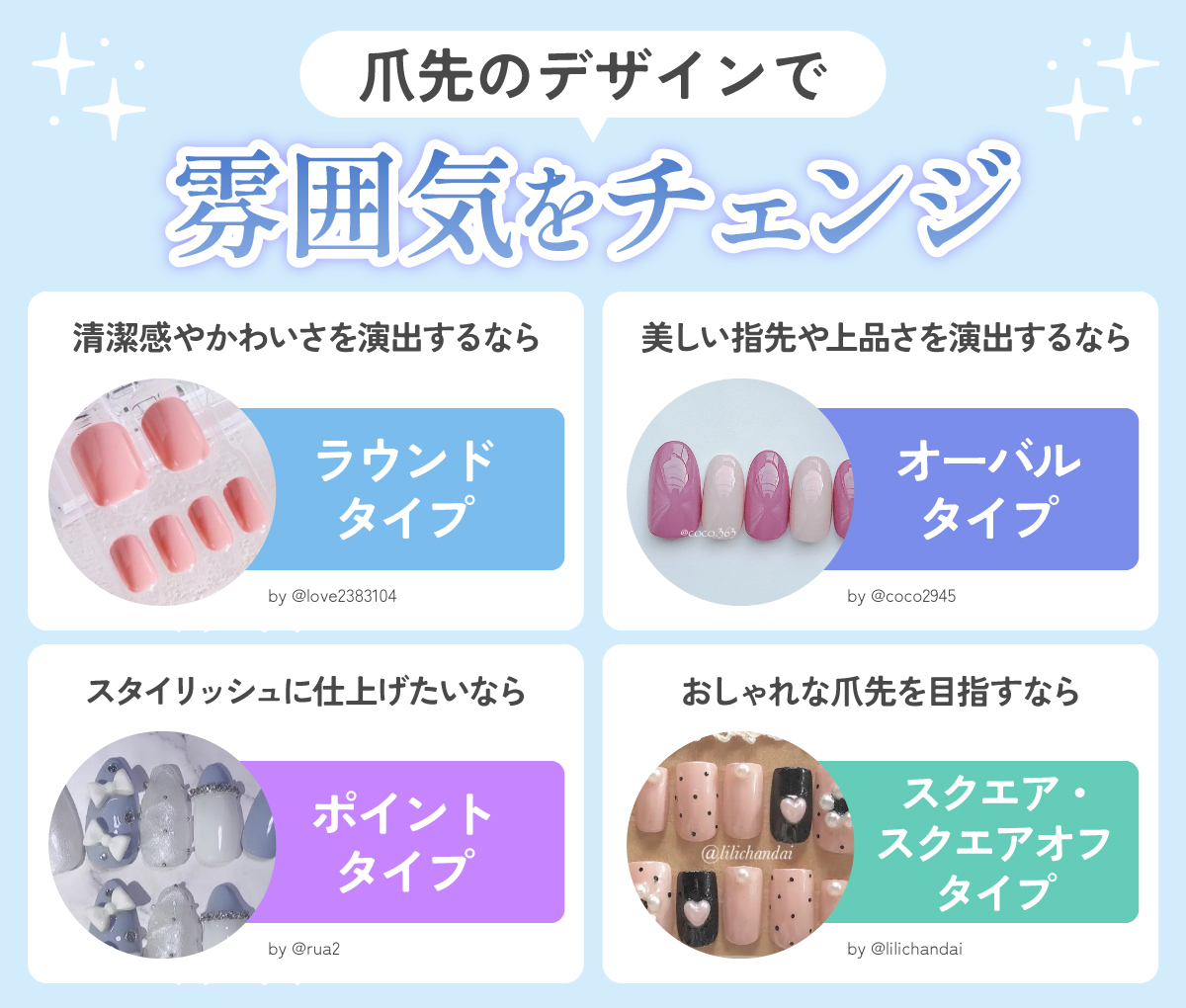 清潔感やかわいさを演出するならラウンドタイプ。美しい指先や上品さを演出するならオーバルタイプ。スタイリッシュに仕上げたいならポイントタイプ。おしゃれな爪先を目指すならスクエア・スクエアオフタイプがおすすめ。