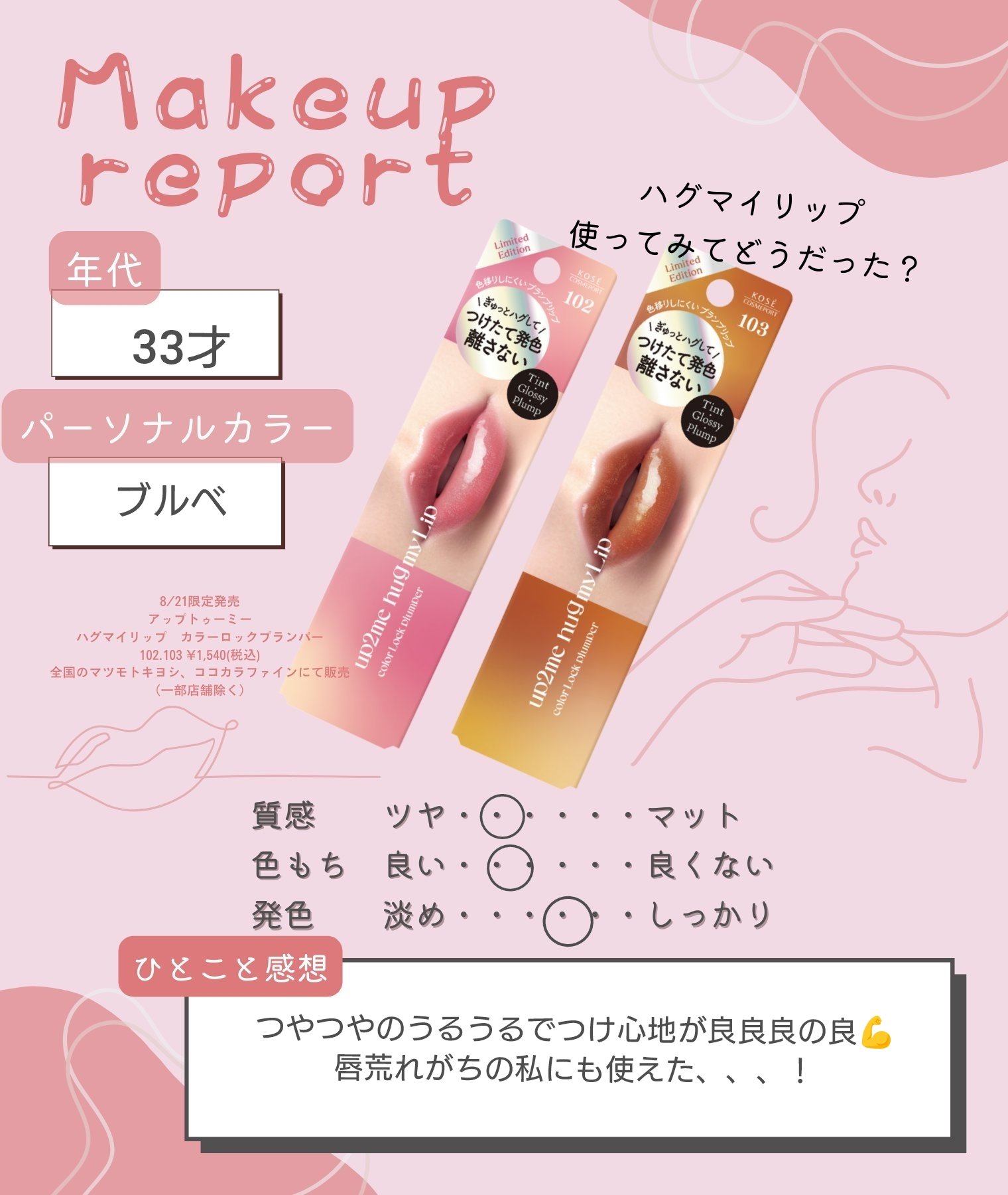 up2me　アップトゥーミー　ハグマイリップ　カラーロックプランパー

始めましてのアイテムなんだけど、
すごい😍
塗りたてもかわいいけど、すこし時間を置くとつやつやの膜ができて、艶が増し、さらに落ちにくい😍これが、ハグマイリップ✨

