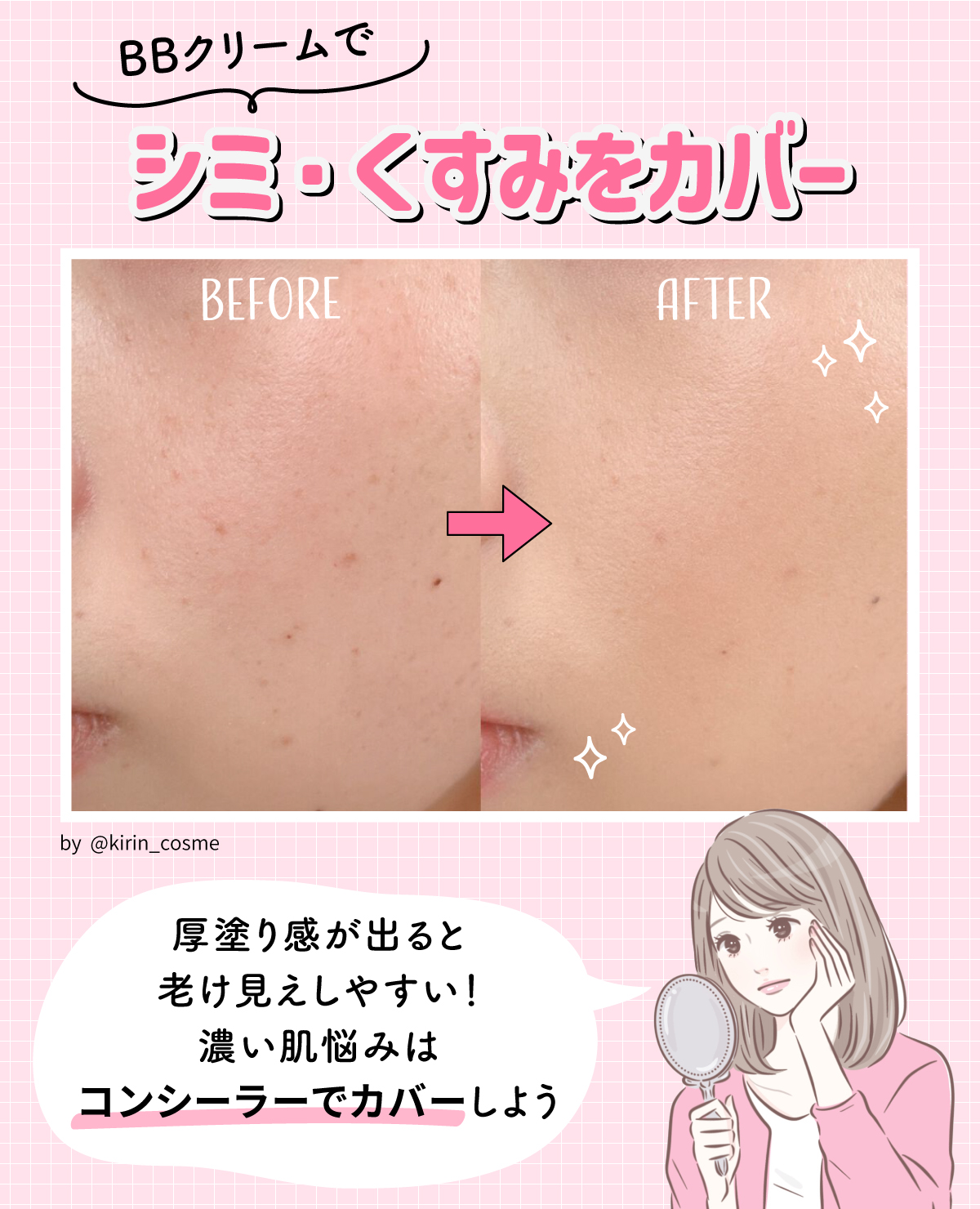BBクリームでシミ・くすみをカバーして、厚塗り感が出ると老け見えしやすいので濃い肌悩みはコンシーラーでカバーしよう。