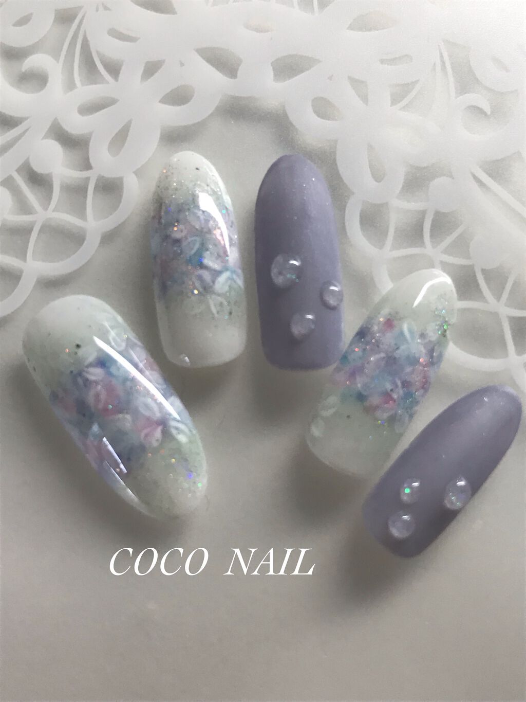 #紫陽花ネイル,#水滴ネイルのネイルデザイン