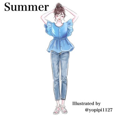 Summer コーディネート

デニムスタイル編

デザインが甘めのシャツなので
すっきりめのブルーで爽やかに。

明るさをしっかり出してトーンアップしましょう！

イラストは
@yopipi1127 