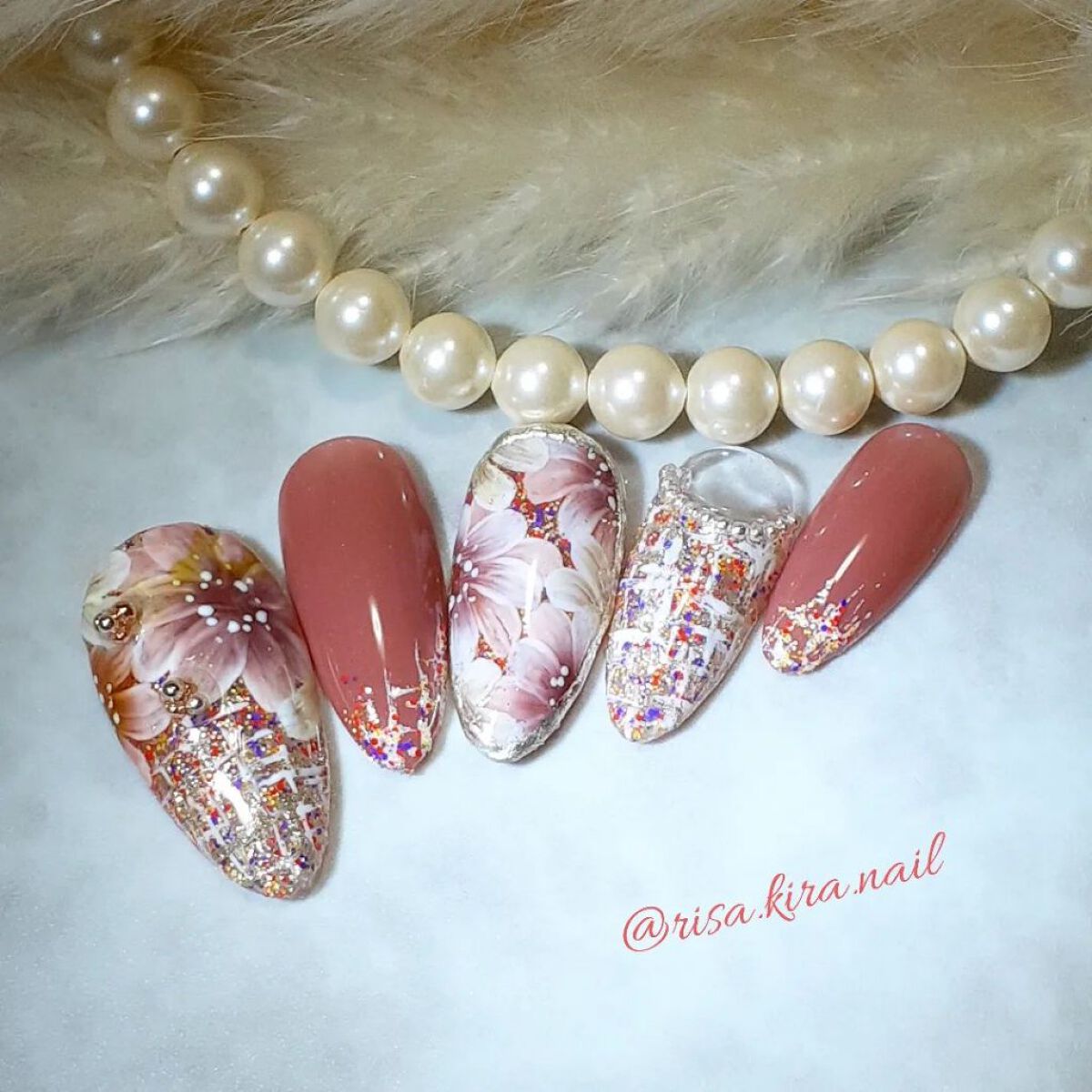 #ネイル,#ジェルネイル,#フラワーネイル,#秋ネイル,#オータムネイル,#ツイードネイルのネイルデザイン