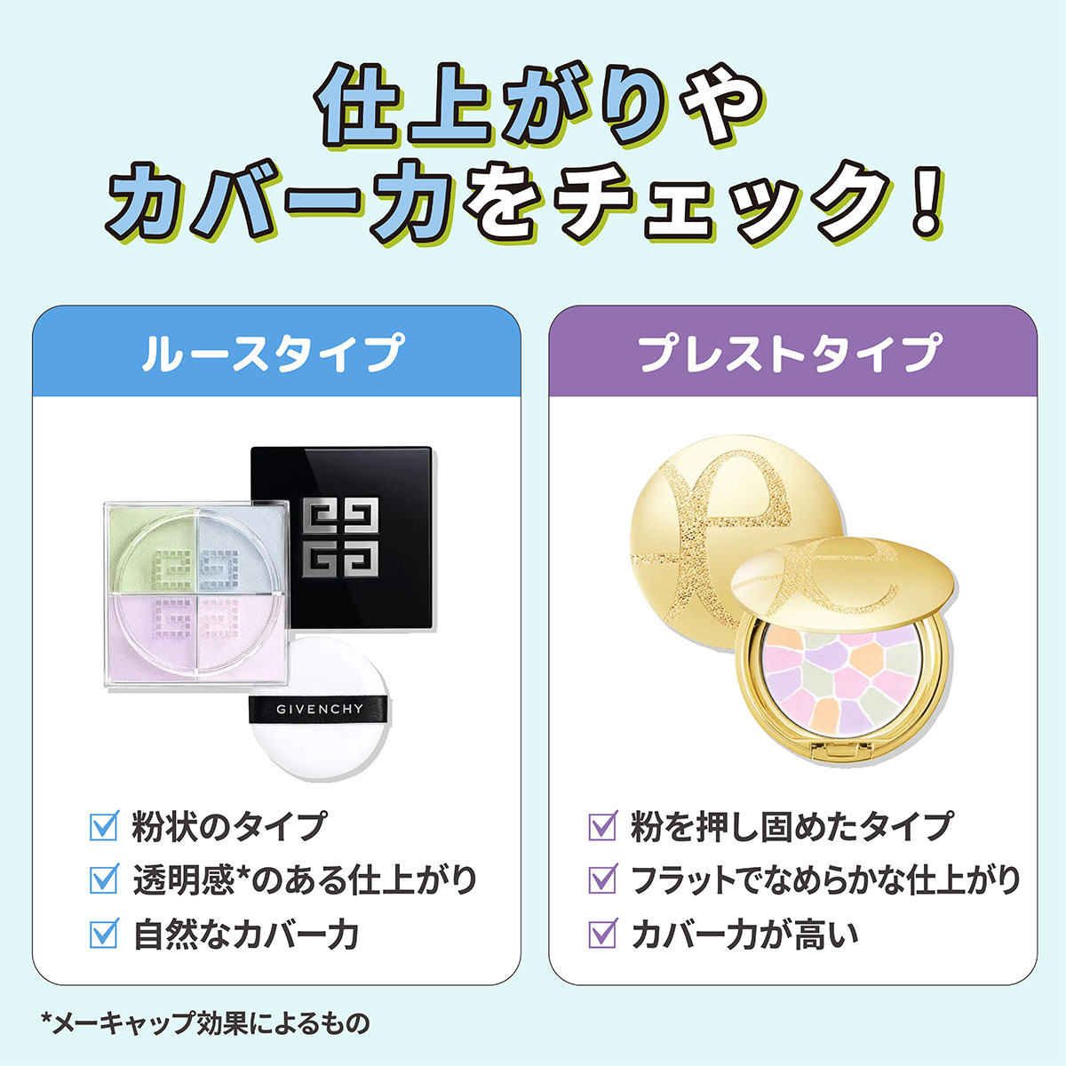 仕上がりやカバー力をチェック！ルースタイプは粉状のタイプで自然なカバー力があり透明感*のある仕上がりです。プレストタイプは粉を押し固めたタイプでカバー力が高くフラットでなめらかな仕上がりです。*メーキャップ効果によるもの