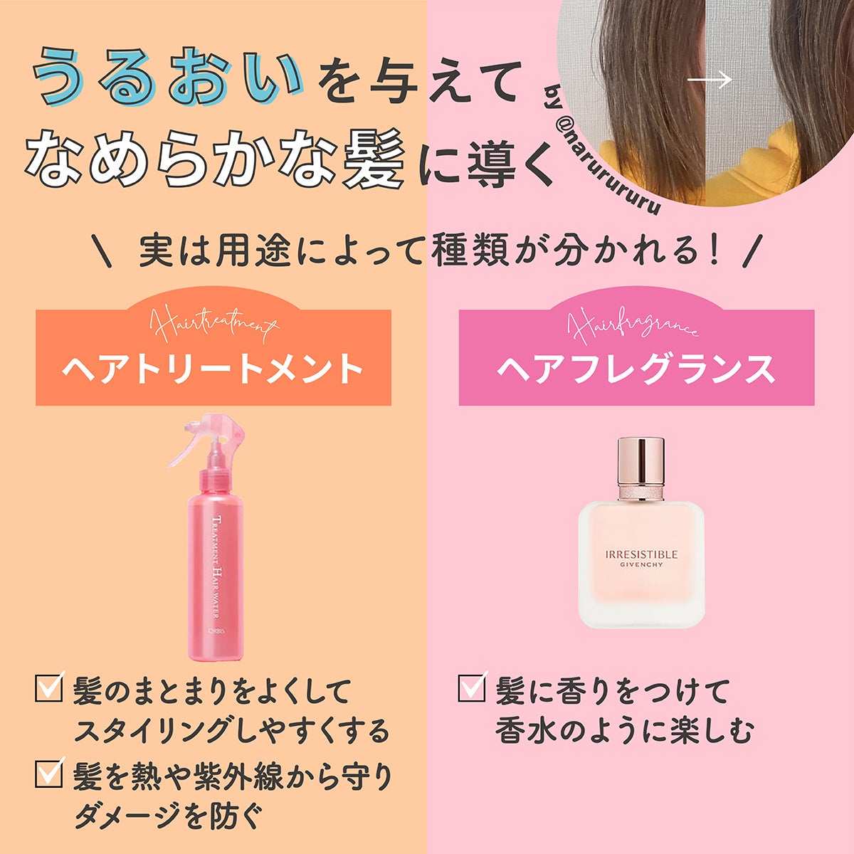 ヘアミストは、うるおいを与えてなめらかな髪に導くアイテム。実は用途によって種類が分かれる！ヘアトリートメントは髪のまとまりをよくしてスタイリングしやすくしたり、髪を熱や紫外線から守りダメージを防いだりする。ヘアフレグランスは髪に香りをつけて香水のように楽しむ。