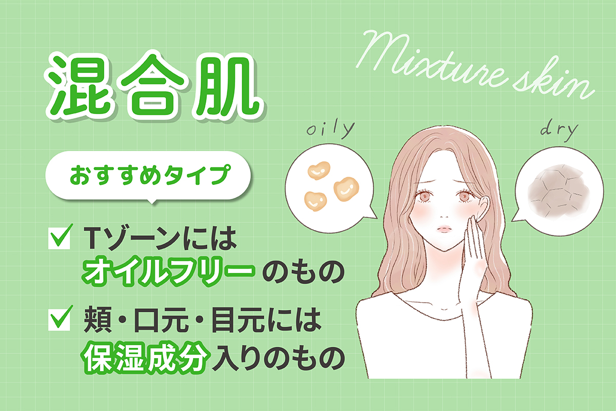 混合肌におすすめのタイプはTゾーンにはオイルフリーのもの、頬・口元・目元には保湿成分入りのもの。