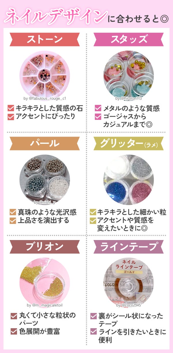 ストーンはネイルアートに使う石でアクセントにぴったり。スタッズはメタルのような質感でゴージャスからカジュアルまで使えます。パールは真珠のような光沢感で上品さを演出できます。グリッター(ラメ)はキラキラとした細かい粒でアクセントや質感を変えたいときにおすすめ。ブリオンは丸くて小さな粒状のパーツで色展開が豊富です。ラインテープは裏がシール状になったテープでラインを引きたいときに便利です。