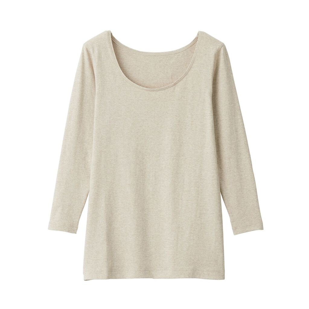 綿であったかUネック八分袖 ライトベージュ