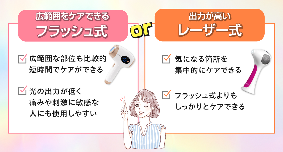 脱毛方式は広範囲をケアできるフラッシュ式or出力が高いレーザー式。フラッシュ式のメリットは、広範囲な部位も比較的短時間でケアができ、光の出力が低く痛みや刺激に敏感な人にも使用しやすい。レーザー式のメリットは、気になる箇所を集中的にケアでき、フラッシュ式よりもしっかりとケアできる。