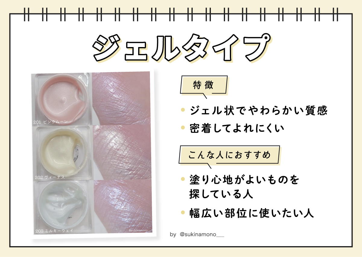 ジェルタイプはジェル状でやわらかい質感で密着してよれにくいのが特徴です。塗り心地がよいものを探している人や幅広い部位に使いたい人におすすめです。