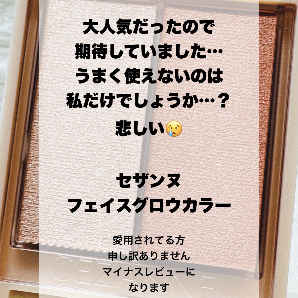 評価高いのに…なぜなの…😖


CEZANNE
フェイスグロウカラー01アプリコットグロウ


一時期人気すぎて全然売ってなかったけど
今は落ち着いてお店でよく見かけるので
購入してみたんですが…
残念な仕上がりになってしまいました


