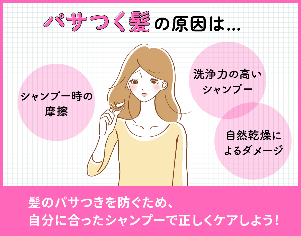 パサつく髪の原因はシャンプー時の摩擦・洗浄力の高いシャンプー・自然乾燥によるダメージ。髪のパサつきを防ぐため、自分に合ったシャンプーで正しくケアしよう！