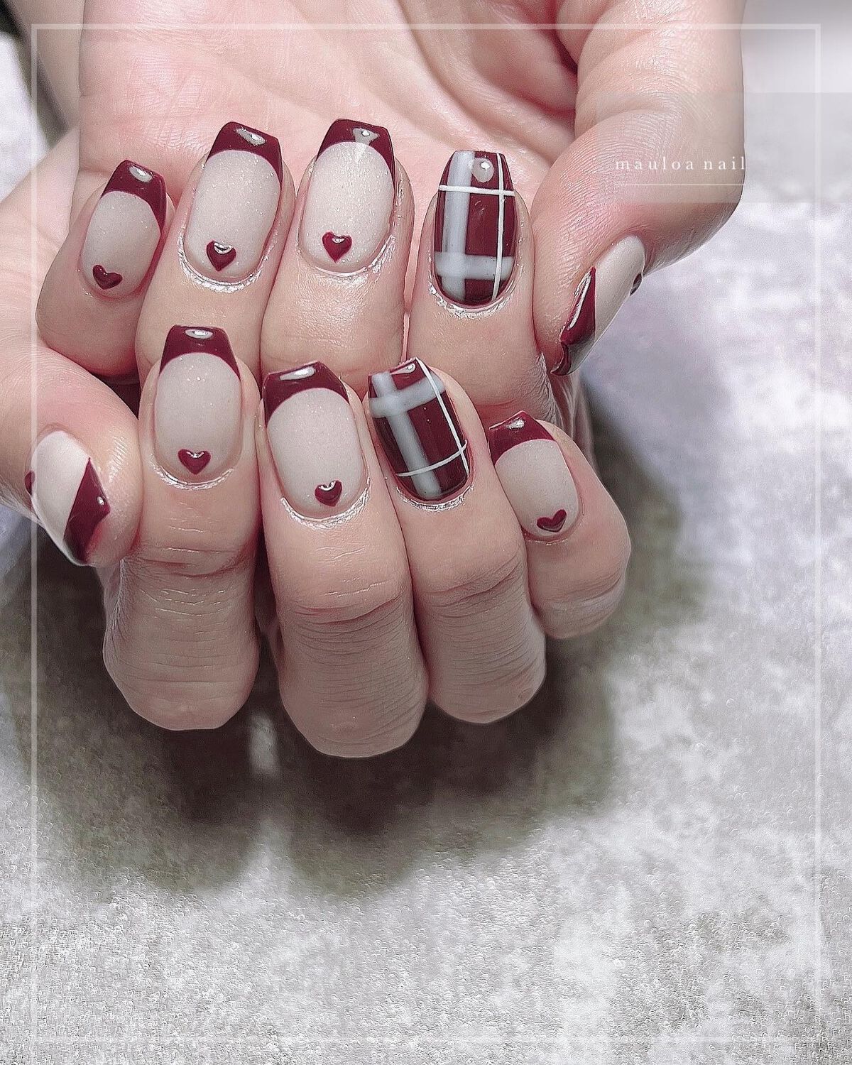 #ハートネイル,#ネイル,#アートネイル,#冬ネイル,#チョコネイル,#リングネイル,#ボルドーフレンチネイル,#ボルドーネイル,#ミラーネイル,#手書きアートネイル,#ハートネイル,#パーツネイル,#ベージュネイル,#バレンタインネイル,#冬ネイル,#天王寺ネイルのネイルデザイン