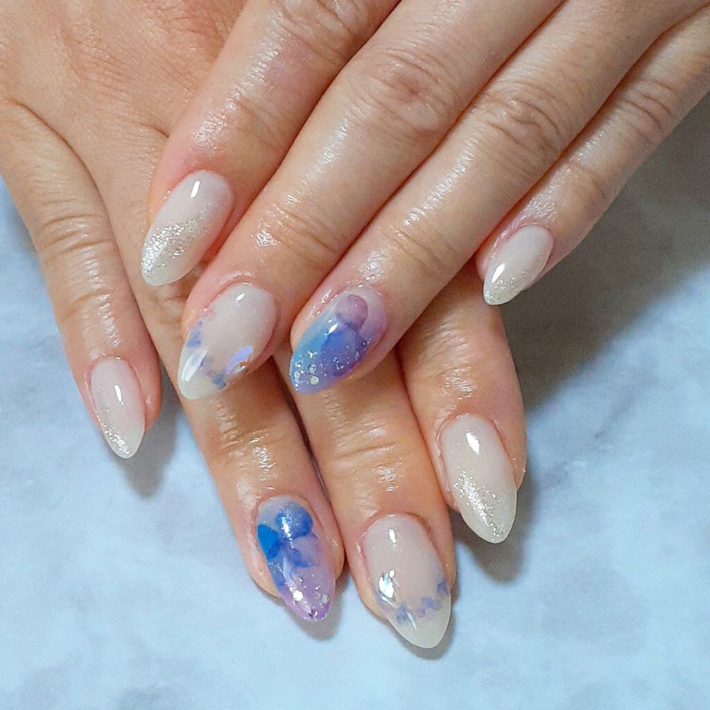 #ネイル,#ジェルネイル,#紫陽花ネイル,#梅雨ネイル,#キラキラネイルのネイルデザイン