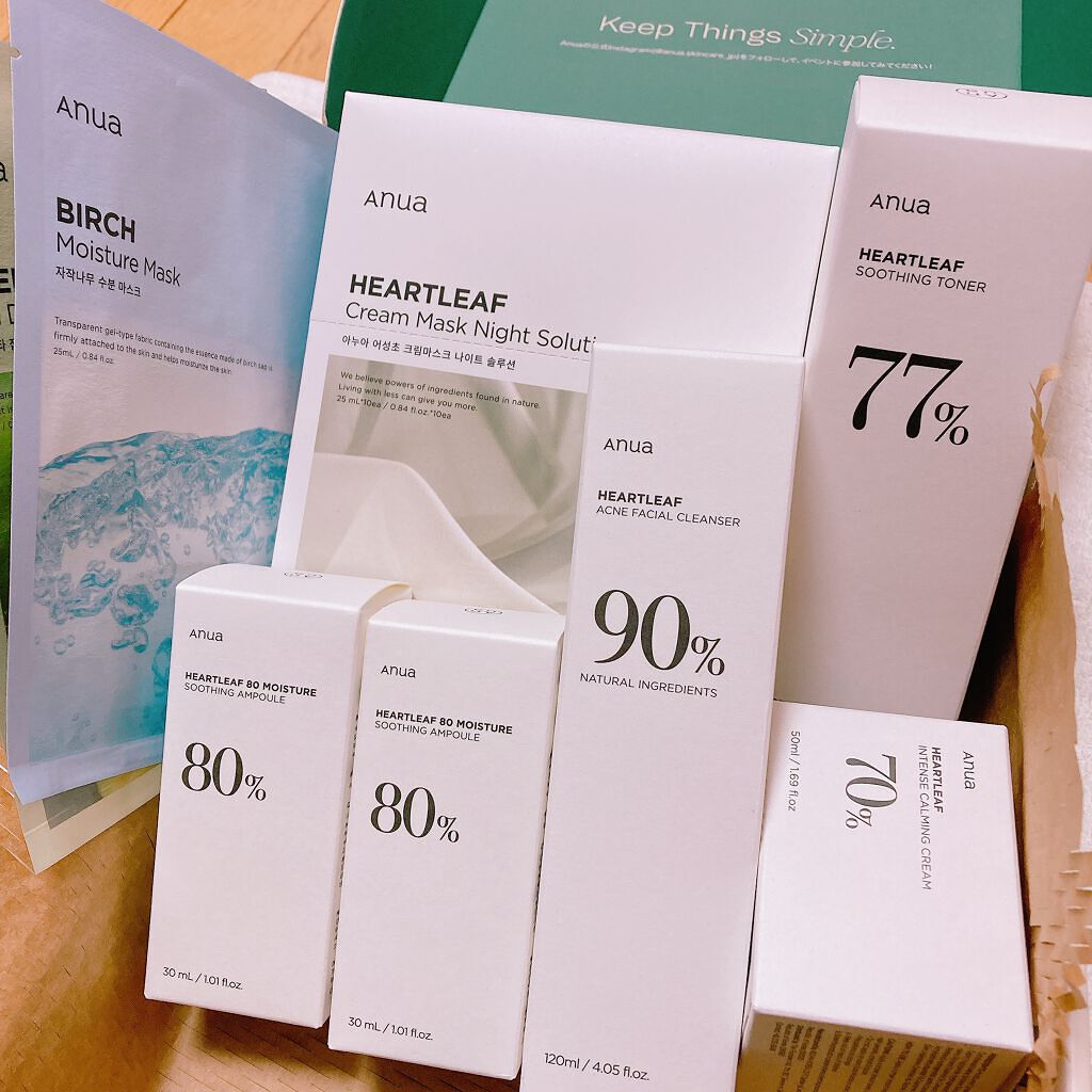 メガ割購入品♡
アヌアのギフト🎁BOXがやっと届いた〜✨
トナー、アンプル、クリーム、パック10枚に
おまけでパック2枚2種類、洗顔フォーム、アンプルが付いてくるというバグ😍✨笑
6000円弱でこれだけ入ってるのお得すぎる！

今回はト