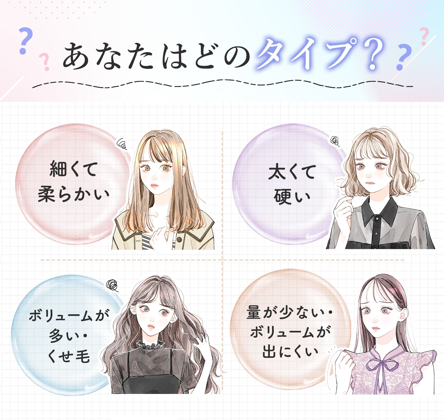 あなたはどのタイプ？細くて柔らかい。太くて硬い。ボリュームが多い・くせ毛。量が少ない・ボリュームが出にくい。