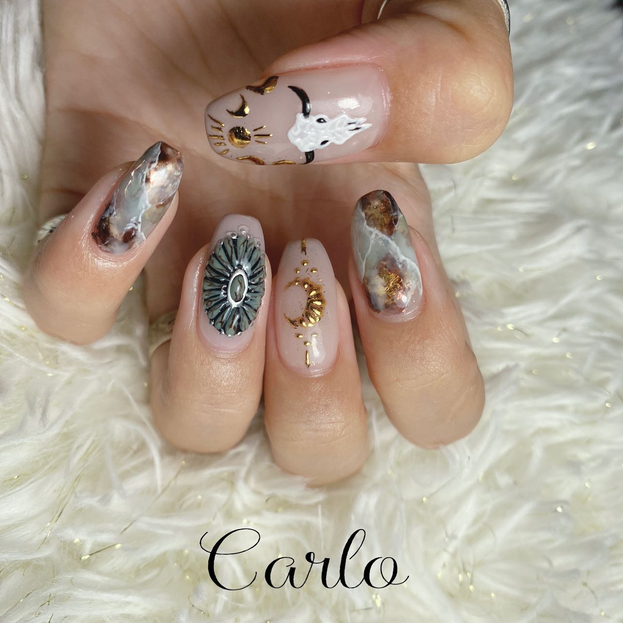 #バッファローネイル,#リゾートネイル,#ニュアンスネイル,#手書きネイル,#ジュエリーネイル,#ターコイズネイルのネイルデザイン