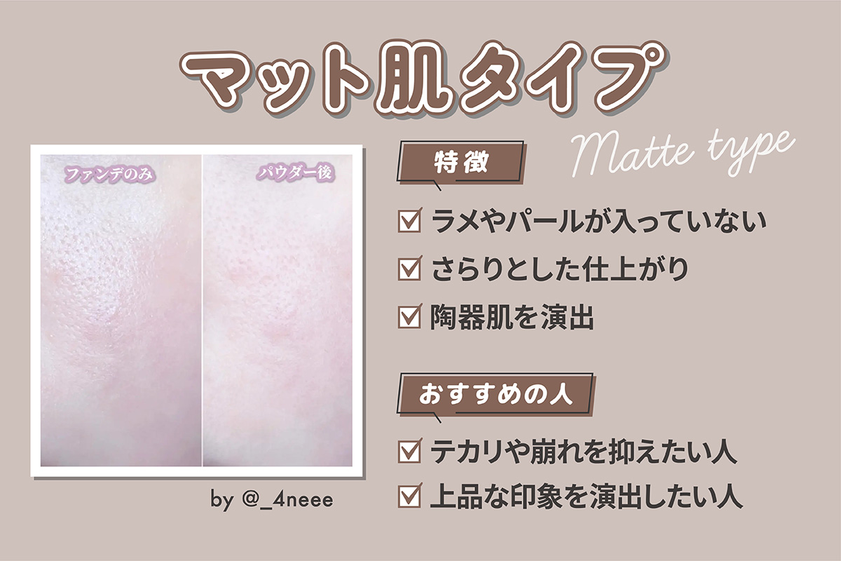マット肌タイプはラメやパールが入っていない。さらりとした仕上がりで陶器肌を演出できるのが特徴です。テカリや崩れを抑えたい人や上品な印象を演出したい人におすすめ。