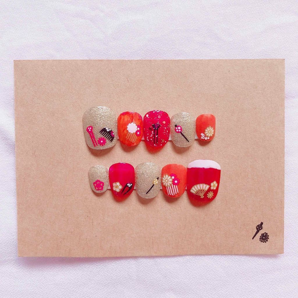 #ネイル,#和装ネイル,#オレンジネイル,#ミニネイル,#ネイル,#newネイル,#ラメネイル,#ショートネイル,#和柄ネイルのネイルデザイン