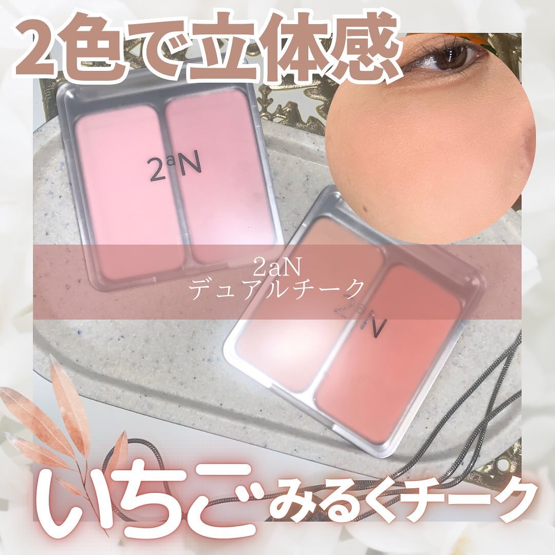 2aN
デュアルチーク

肌なじみ抜群の
1パレットに2色入ったチーク！

2色を重ねて使う事で、
頬に立体感がでる！！😳💓

白味のあるミルキーなピンクカラーと
イエベにぴったりなコーラルオレンジカラーを購入！

ふわふわほっぺになれ