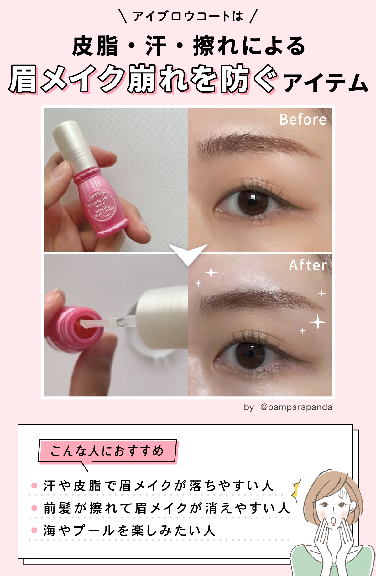 アイブロウコートは皮脂・汗・擦れによる眉メイク崩れを防ぐアイテムです。汗や皮脂で眉メイクが落ちやすい人、前髪が擦れて眉メイクが消えやすい人、海やプールを楽しみたい人におすすめ。