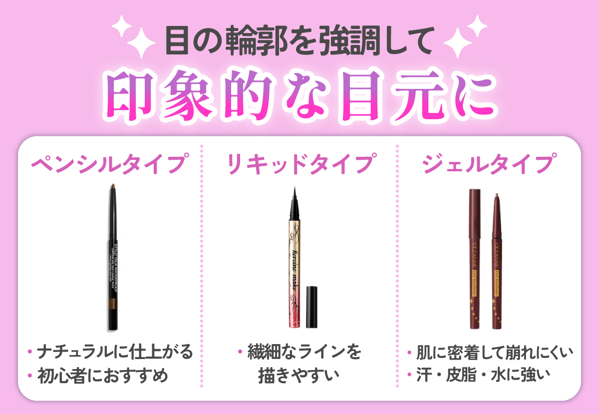 アイライナーは目の輪郭を強調して印象的な目元に仕上げるアイテム。ペンシルタイプはナチュラルに仕上がり初心者におすすめ。リキッドタイプは繊細なラインを描きやすい。ジェルタイプは肌に密着して崩れにくく汗・皮脂・水に強い。