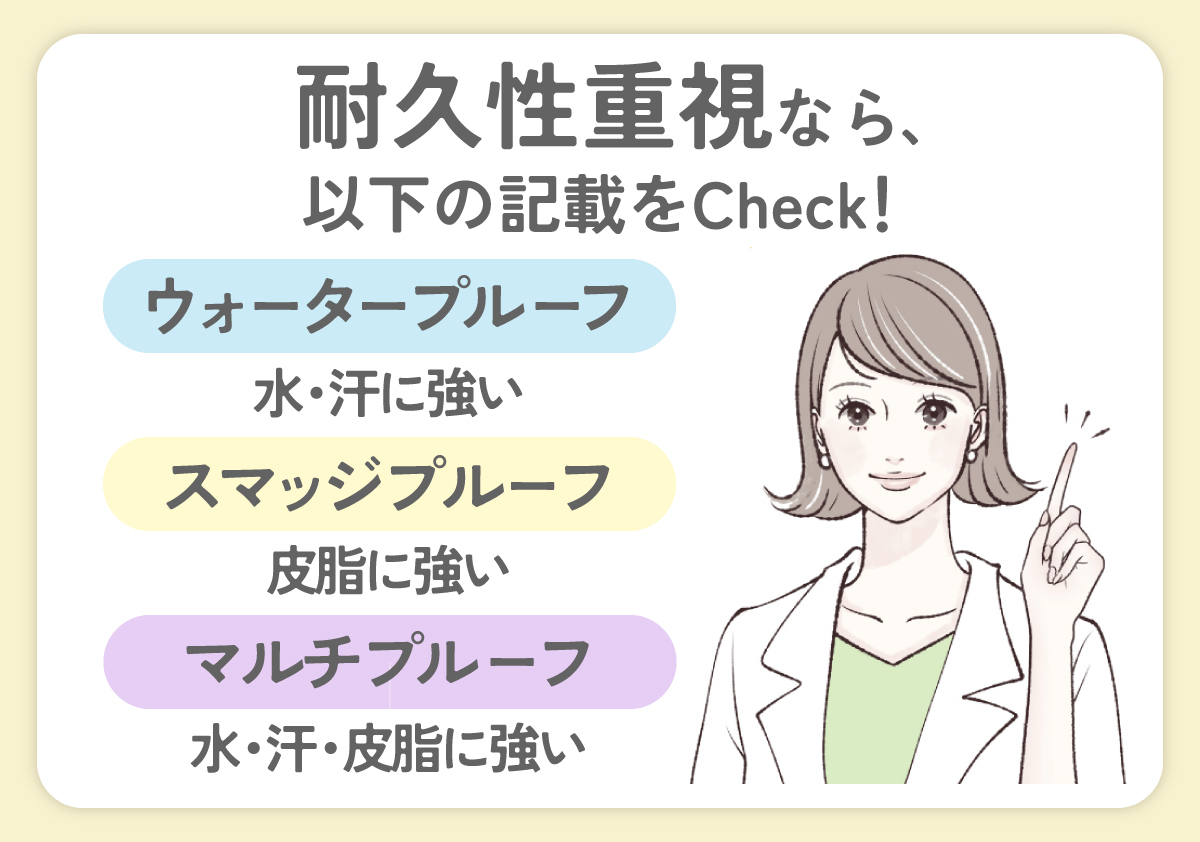 耐久性重視なら、以下の記載をCheck！ウォータープルーフは水・汗に強い。スマッジプルーフは皮脂に強い。マルチプルーフは水・汗・皮脂に強い。