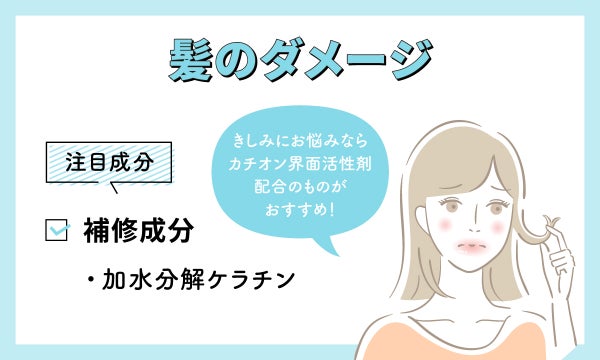 髪のダメージの注目成分は補修成分である加水分解ケラチン。きしみにお悩みならカチオン界面活性剤配合のものがおすすめ!
