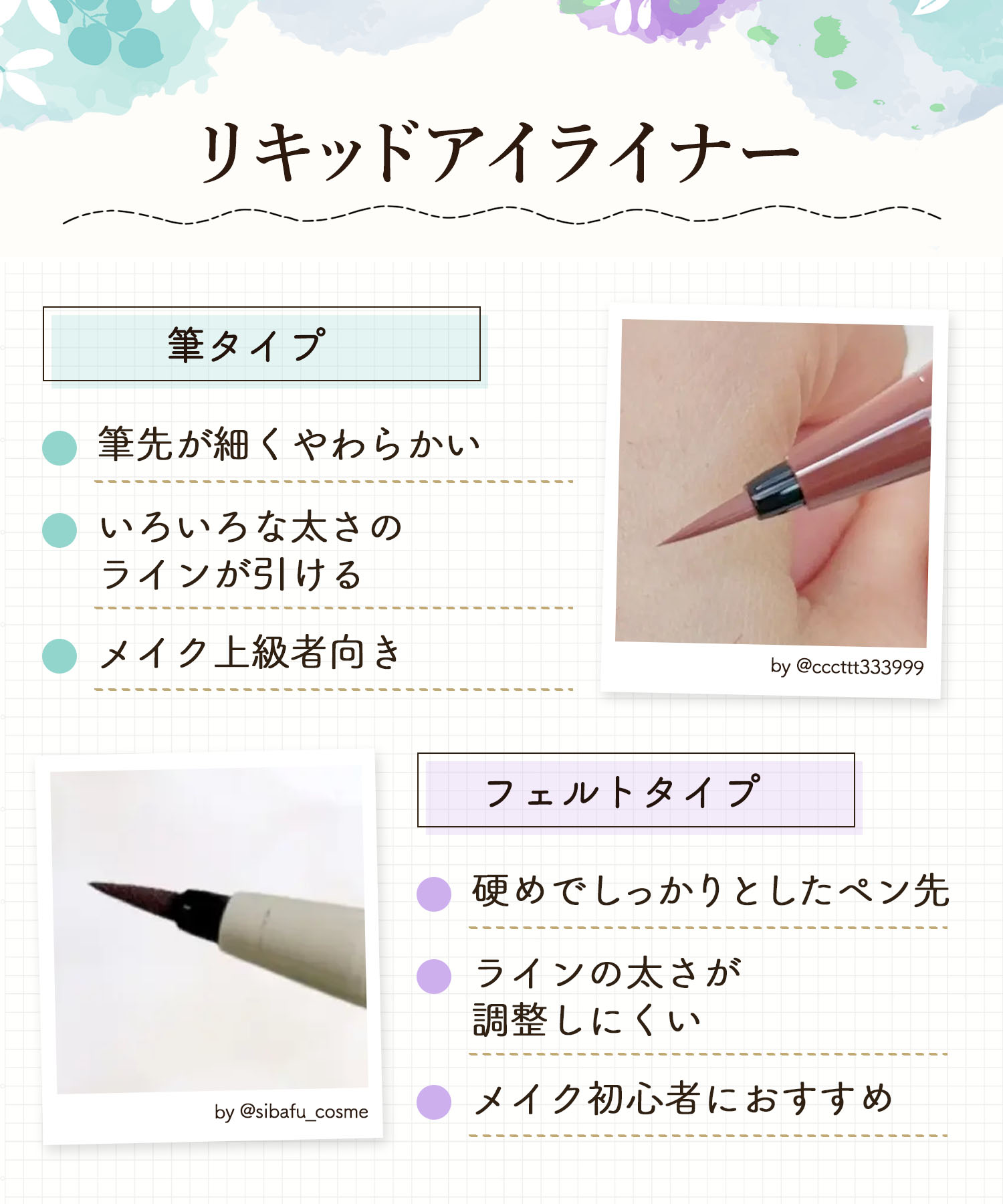 リキッドアイライナー。筆タイプは筆先が細くやわらかくいろいろな太さのラインが引ける。メイク上級者向きです。フェルトタイプは硬めでしっかりとしたペン先でラインの太さが調整しにくいもののメイク初心者におすすめ。