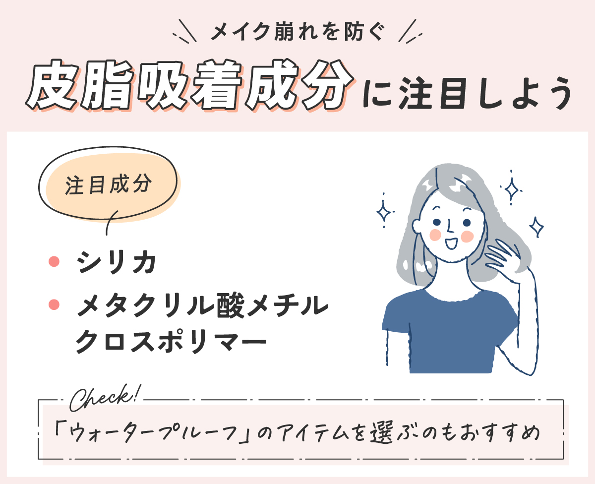 メイク崩れを防ぐ皮脂吸着成分に注目しよう。注目成分はシリカ・メタクリル酸メチルクロスポリマー。「ウォータープルーフ」のアイテムを選ぶのもおすすめ。