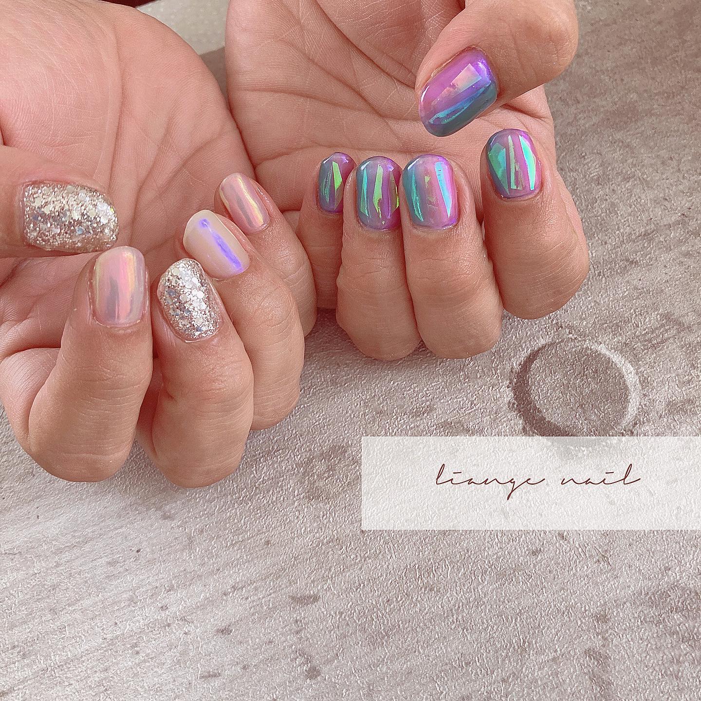 #リアンジェネイル,#柏ネイル,#ネイル,#うるうるネイル,#ミラーネイル,#オーロラネイル,#春ネイルのネイルデザイン