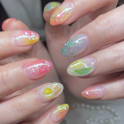 #ちゅるんネイル,#うるうるネイル,#キラキラネイル,#オーロラネイル,#カラフルネイル,#氷ネイル,#きれいめネイル,#グラデーションネイル,#夏ネイル,#おまかせネイル,#トレンドネイル,#韓国ネイルのネイルデザイン