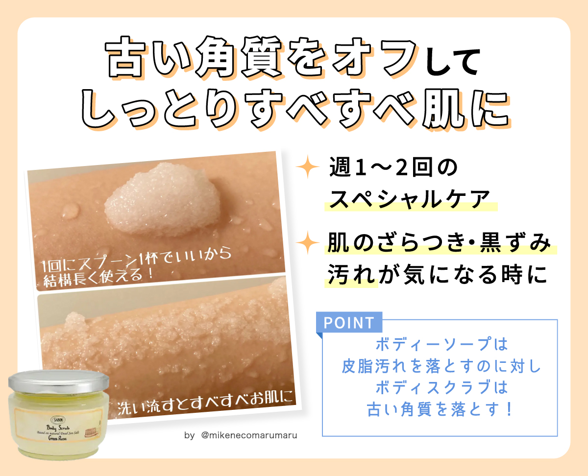 古い角質をオフしてしっとりすべすべ肌に。週1～2回のスペシャルケアや、肌のざらつき・黒ずみ汚れが気になるときにおすすめ。ボディーソープは皮脂汚れを落とすのに対し、ボディスクラブは古い角質を落とす！