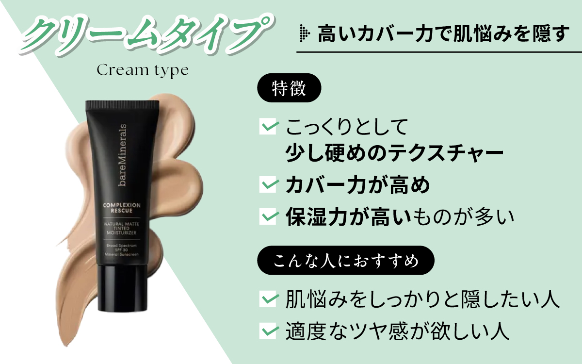 クリームタイプは高いカバー力で肌悩みを隠す。こっくりとして少し硬めのテクスチャーでカバー力が高め、保湿力が高いものが多いのが特徴です。肌悩みをしっかりと隠したい人や適度なツヤ感が欲しい人におすすめ。