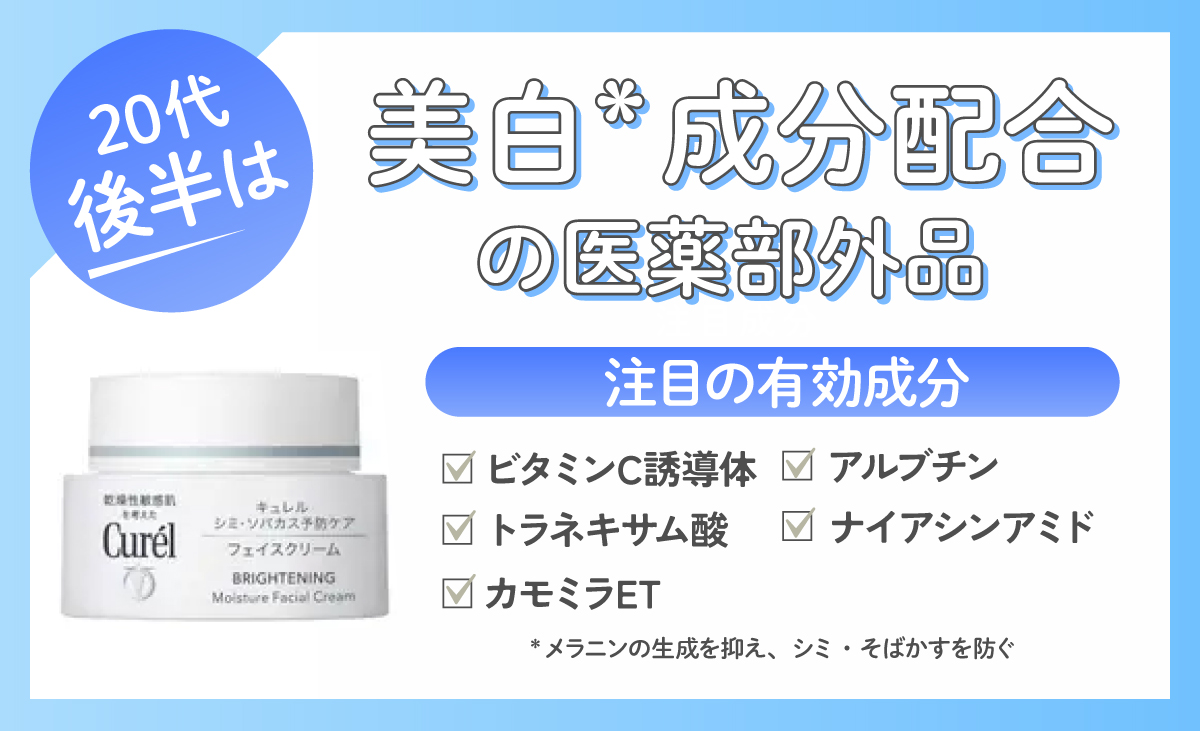 20代後半は美白*成分配合の医薬部外品がおすすめ。注目の有効成分はビタミンC誘導体・トラネキサム酸・アルブチン・ナイアシンアミド・カモミラETです。*メラニンの生成を抑え、シミ・そばかすを防ぐ