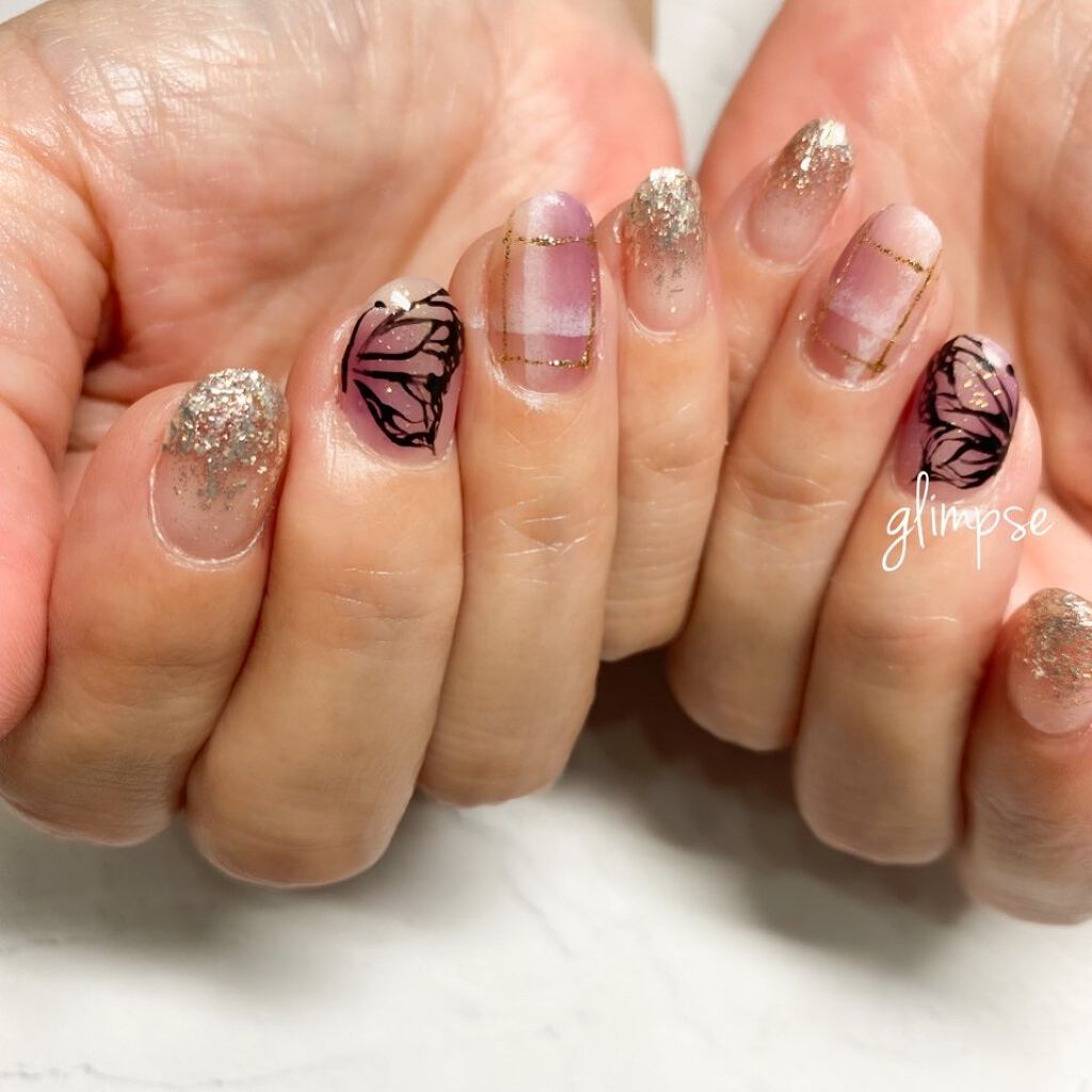 #中津ネイル,#中津市ネイル,#胡蝶しのぶネイル,#チェックネイル,#豊前ネイル,#行橋ネイルのネイルデザイン