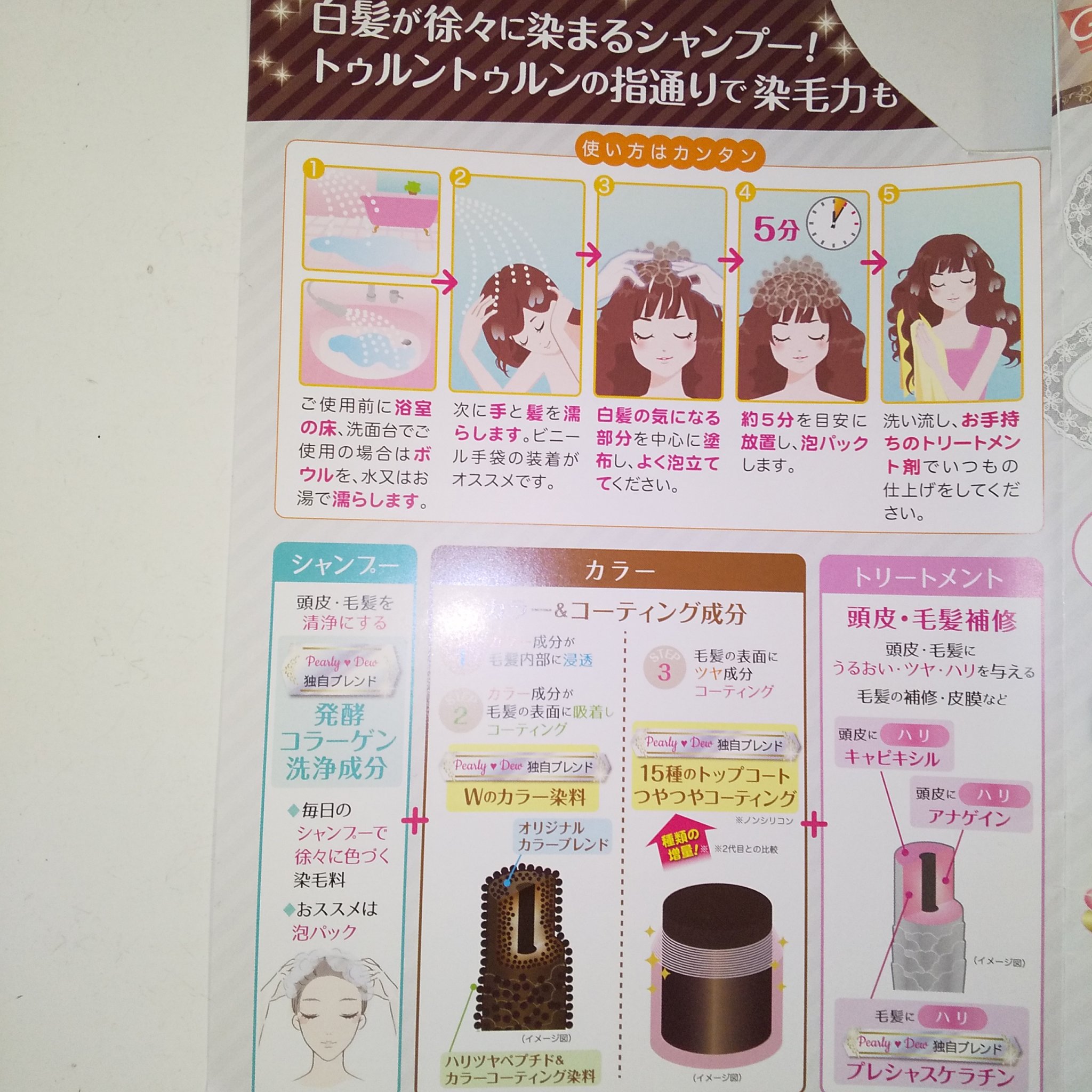 Pearly Dew 白髪カモフラージュ　ヘアカラートリートメントシャンプー 試してみた白髪カモフラージュヘアカラーハリコシトリートメント