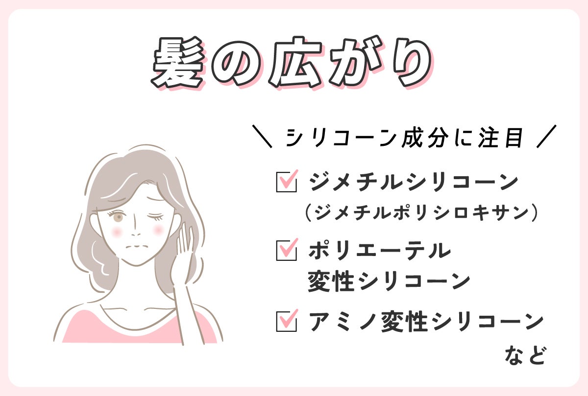 髪の広がりにはジメチルシリコーン(ジメチルポリシロキサン)・ポリエーテル変性シリコーン・アミノ変性シリコーンなどのシリコーン成分に注目。