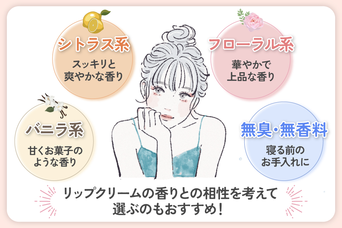シトラス系は、スッキリと爽やかな香り。フローラル系は、華やかで上品な香り。バニラ系は、甘くお菓子のような香り。無臭・無香料は、寝る前のお手入れに。リップクリームの香りとの相性を考えて選ぶのもおすすめ！