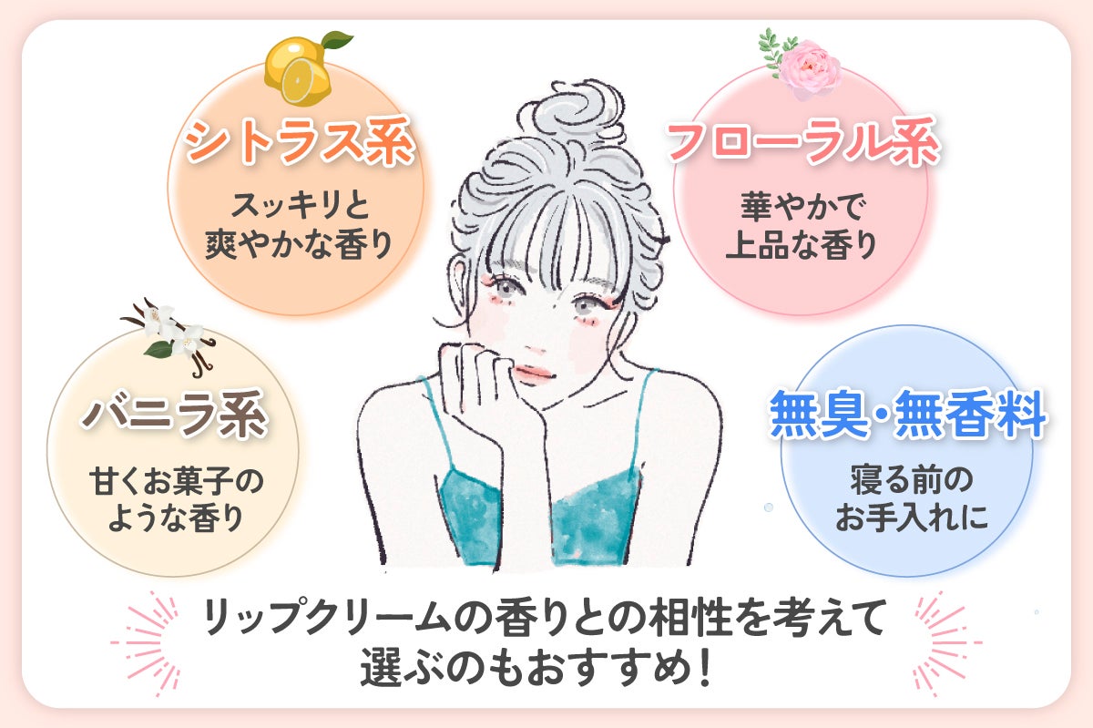 シトラス系は、スッキリと爽やかな香り。フローラル系は、華やかで上品な香り。バニラ系は、甘くお菓子のような香り。無臭・無香料は、寝る前のお手入れに。リップクリームの香りとの相性を考えて選ぶのもおすすめ!