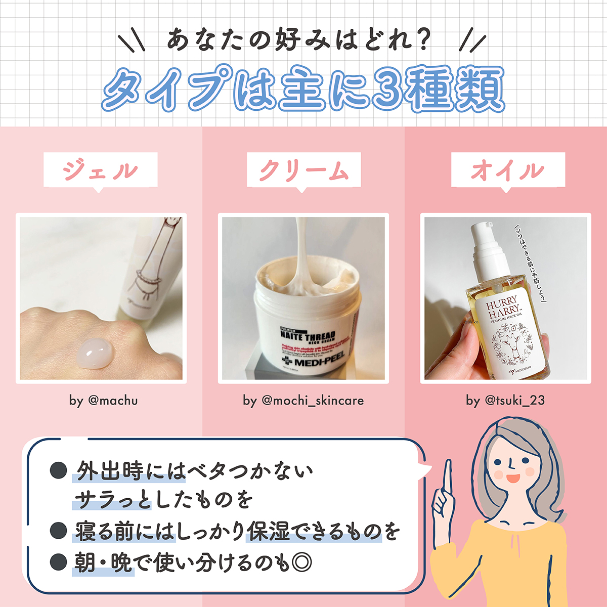 テクスチャーは自分の好みのタイプで選ぼう。タイプは主に3種類でジェル・クリーム・オイルです。外出時にはベタつかないサラっとしたものがおすすめ。寝る前にはしっかり保湿できるものをチョイスしよう。朝晩で使い分けるのも◎