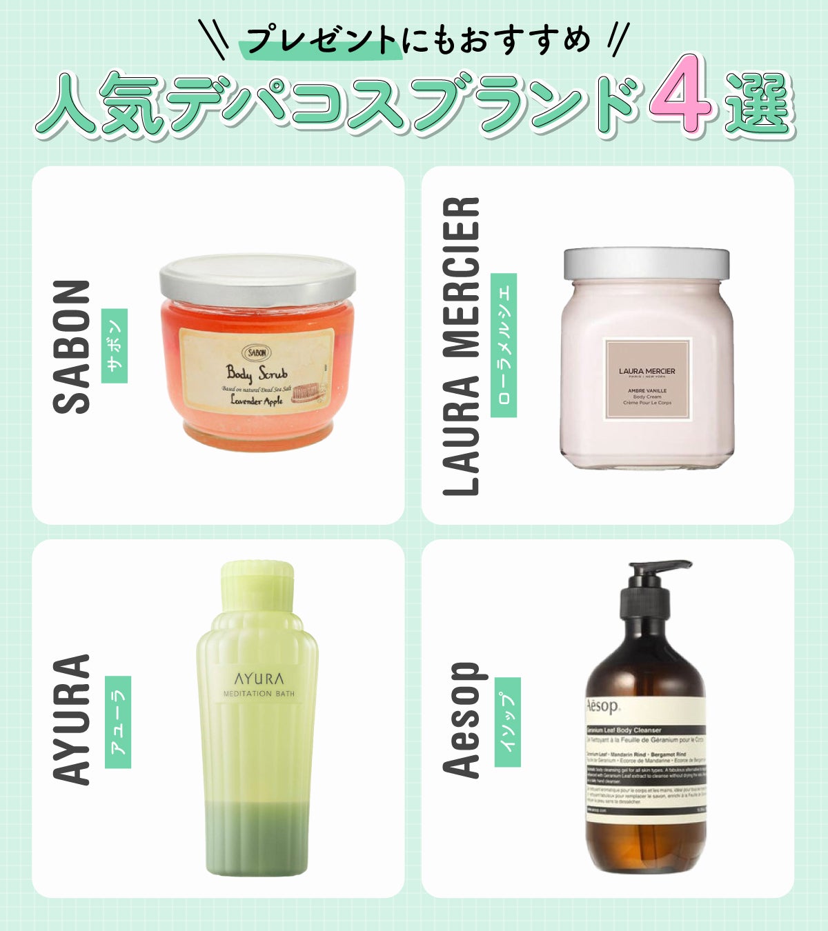 プレゼントにもおすすめ人気デパコスブランド4選。SABON（サボン）、LAURA MERCIER（ローラメルシエ）、AYURA（アユーラ）、Aesop（イソップ）。