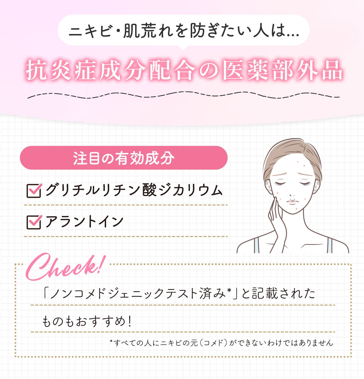 ニキビ・肌荒れを防ぎたい人は抗炎症成分配合の医薬部外品。注目の有効成分はグリチルリチン酸ジカリウム・アラントインです。「ノンコメドジェニックテスト済み*」と記載されたものもおすすめ!*すべての人にニキビの元(コメド)ができないわけではありません